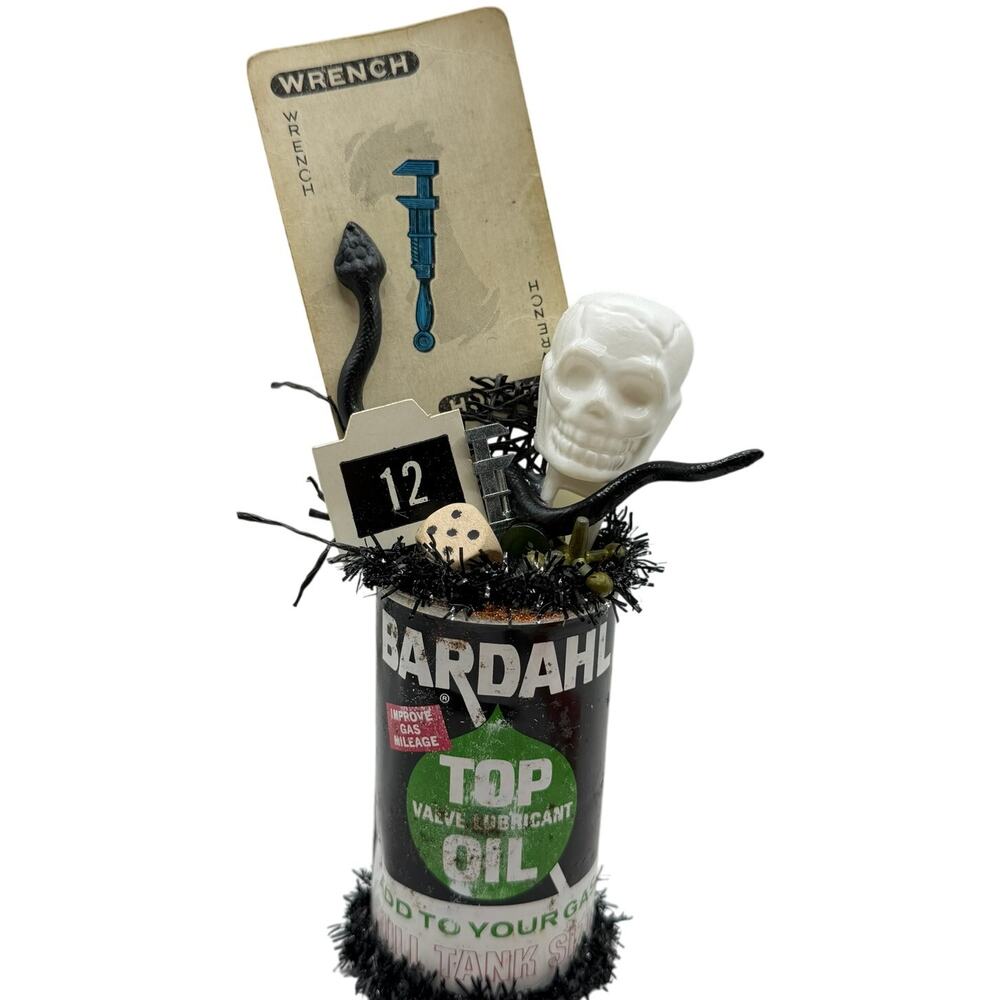 Halloween Primitive Assemblage Display vintage oil bardahl oil can decor